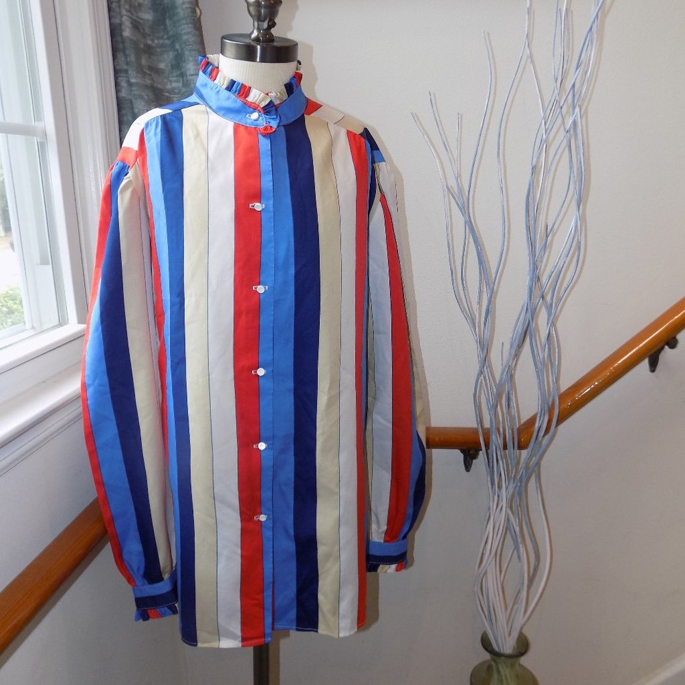 RUGGERI Stripe Ruffle Button Down Shirt Plus Size 18